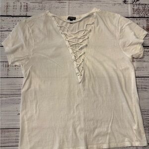 Express Ivory Lace-Up Short Sleeve Top
